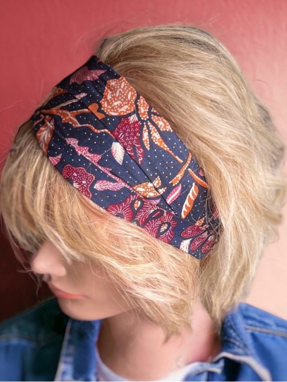 Handmade in France — Indian Printed Cotton Floral Navy Wide Headband - Like New